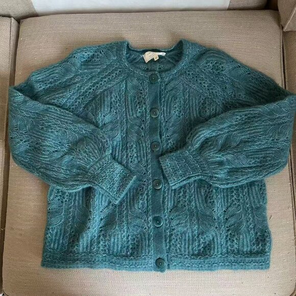 NEW Sezane Alma Cardigan XSmall Peacock Blue Kid Mohair Sweater Knit French - Picture 6 of 9